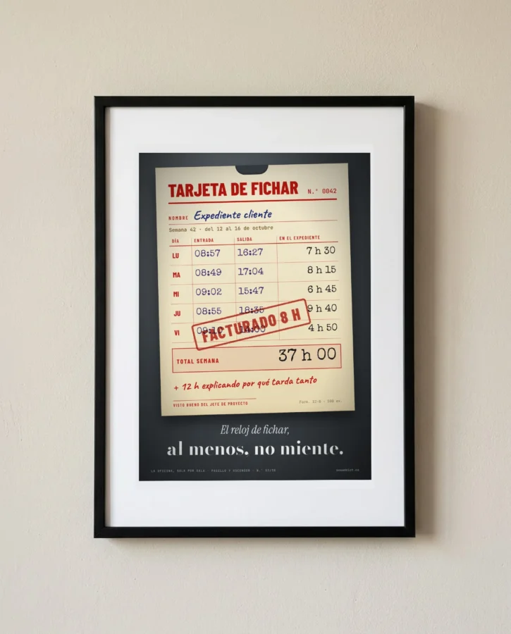 Reloj de fichar: 37 h echadas, 8 facturadas – Pósters
