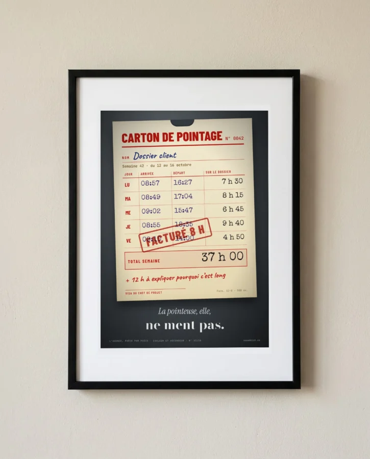 Pointeuse : 37 h passées, 8 h facturées – Posters