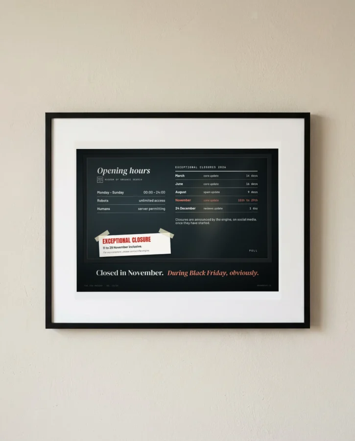 Opening hours, closed during updates – Posters