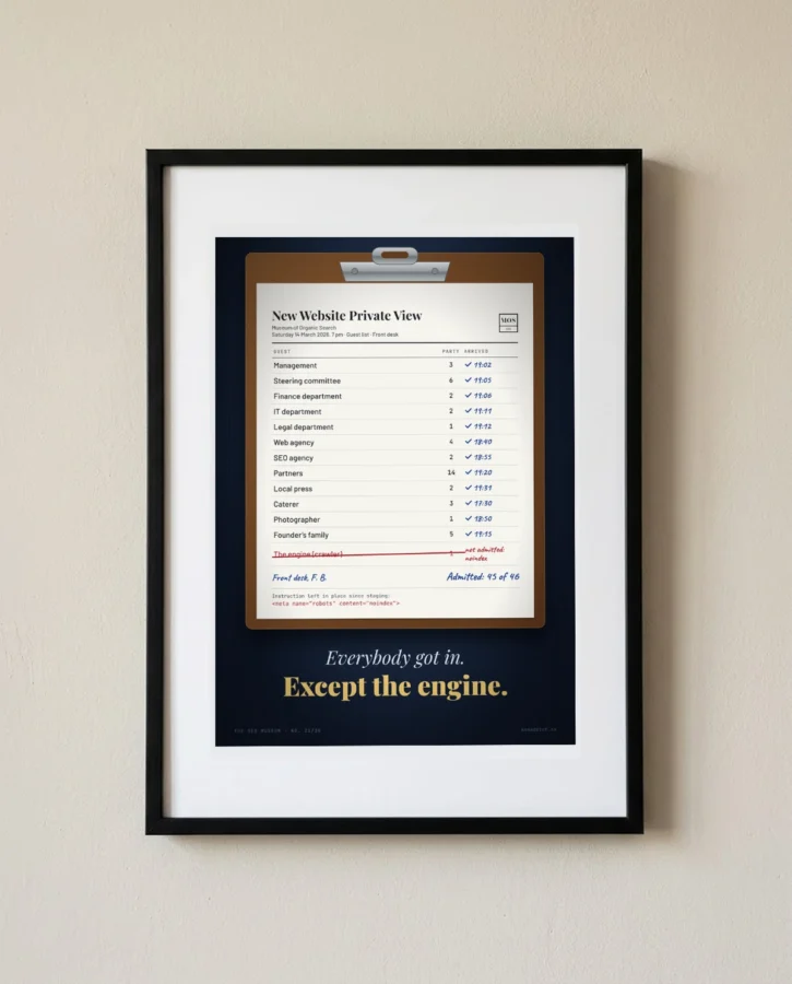 Front-desk list for the new website’s private view – Posters