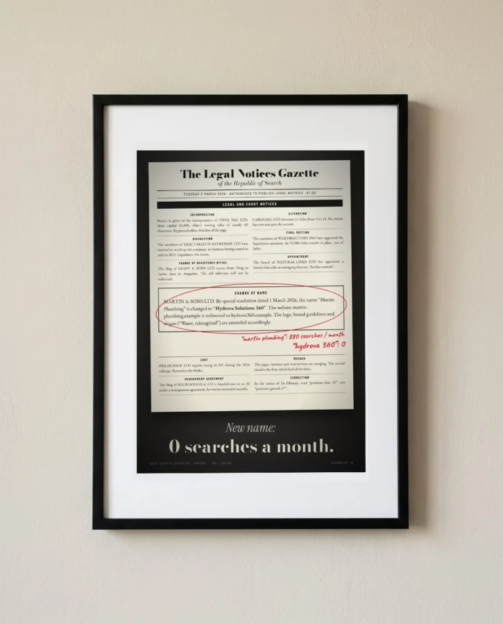 Legal notice: new name, zero searches – Posters