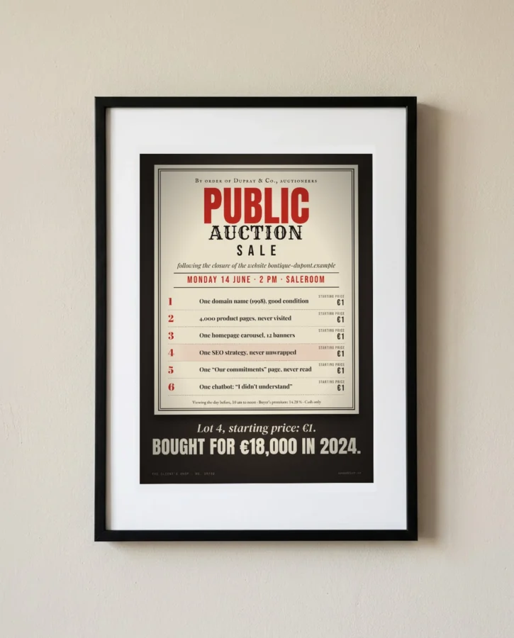 Public auction: SEO strategy, never unwrapped – Posters