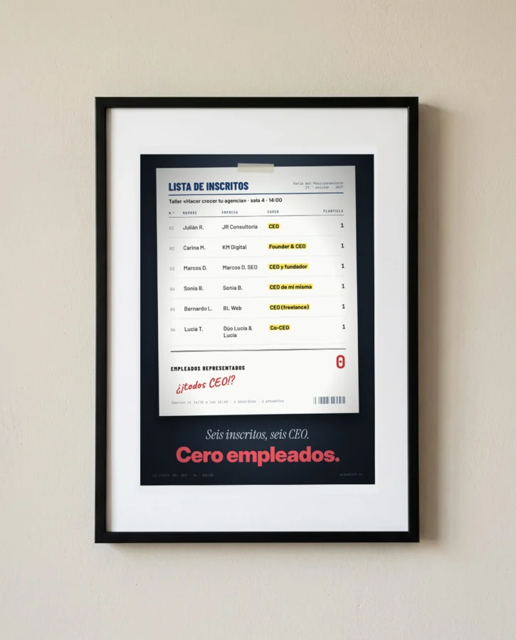 Lista de inscritos del taller: seis CEO, cero empleados – Pósters