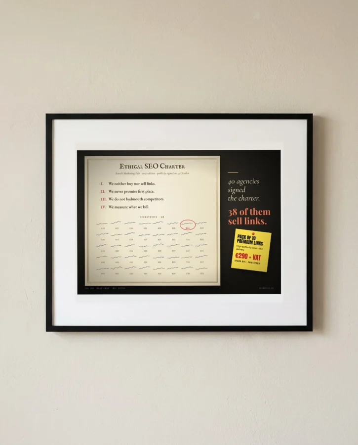 Ethical SEO charter: 40 signatures, 38 link sellers – Posters