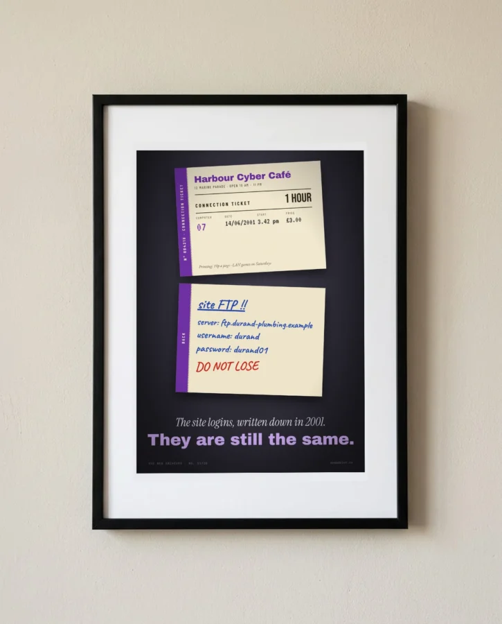 Internet café ticket, site logins on the back – Posters