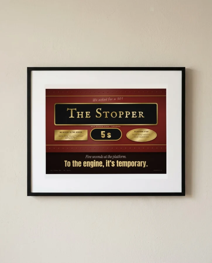 Locomotive nameplate: the 5-second stopping train, filed as temporary – Posters