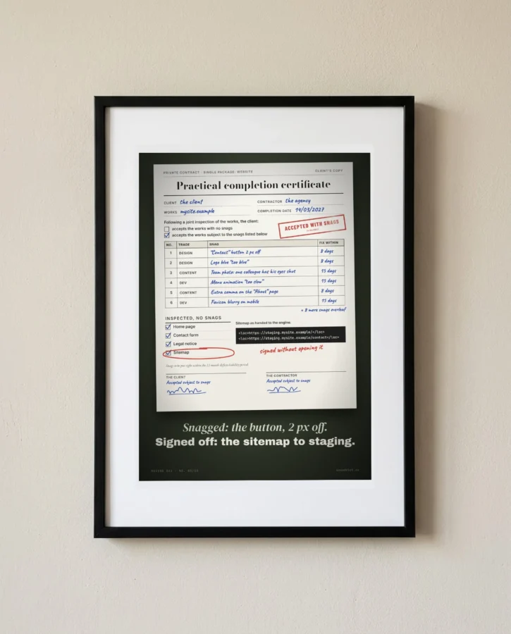 Practical completion certificate: the staging sitemap, signed off – Posters